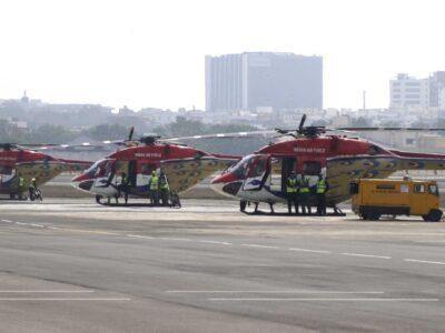 Aerobatics Helicopters from HAL made totally indegenously ready for take for their practice and maneuver over Hussain Sagar Lake