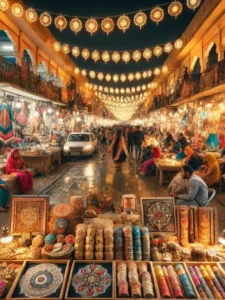 DALL·E 2025-03-07 23.47.25 - A vibrant night market scene at Meena Bazaar, Lucknow, featuring stalls selling traditional Chikankari embroidery, colorful bangles, handcrafted footw