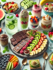 DALL·E 2025-03-16 00.00.18 - A vibrant and appetizing spread of cool and healthy summer snacks. The image features a beautifully arranged platter with frozen yogurt bark topped wi