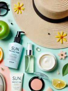 DALL·E 2025-03-16 11.17.06 - A skincare-themed flat lay featuring sun protection essentials, including sunscreen, a wide-brimmed hat, sunglasses, and a refreshing facial mist. The