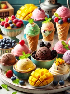 DALL·E 2025-03-17 22.31.37 - A colorful and inviting display of homemade ice creams and sorbets in various flavors, served in bowls and cones. The assortment includes vanilla, cho