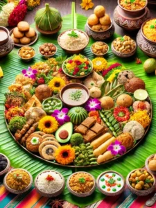 DALL·E 2025-03-24 12.43.14 - A vibrant and festive Ugadi feast spread on a traditional banana leaf. The spread includes Ugadi Pachadi, Bobbatlu (Puran Poli), Poornam Boorelu, Rava