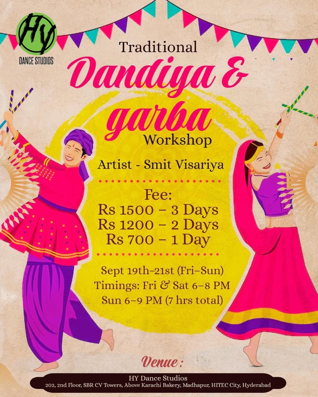 Traditional Dandiya and Garba Workshop poster by HY Dance Studios with artist Smit Visariya, part of the top events in Hyderabad this September 2025