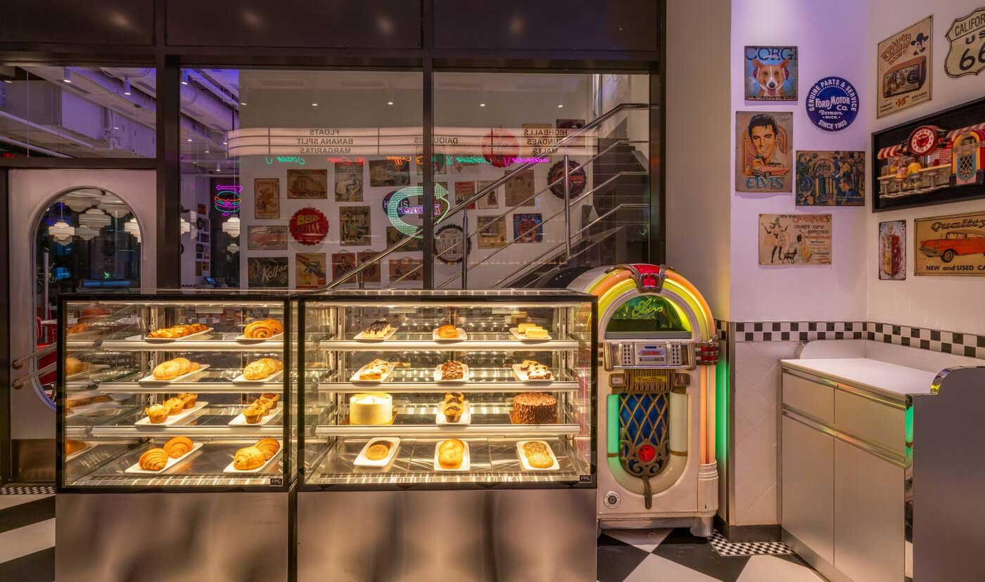 The Elvis Wurlitzer jukebox, standing guard next to the bakes and pastries.