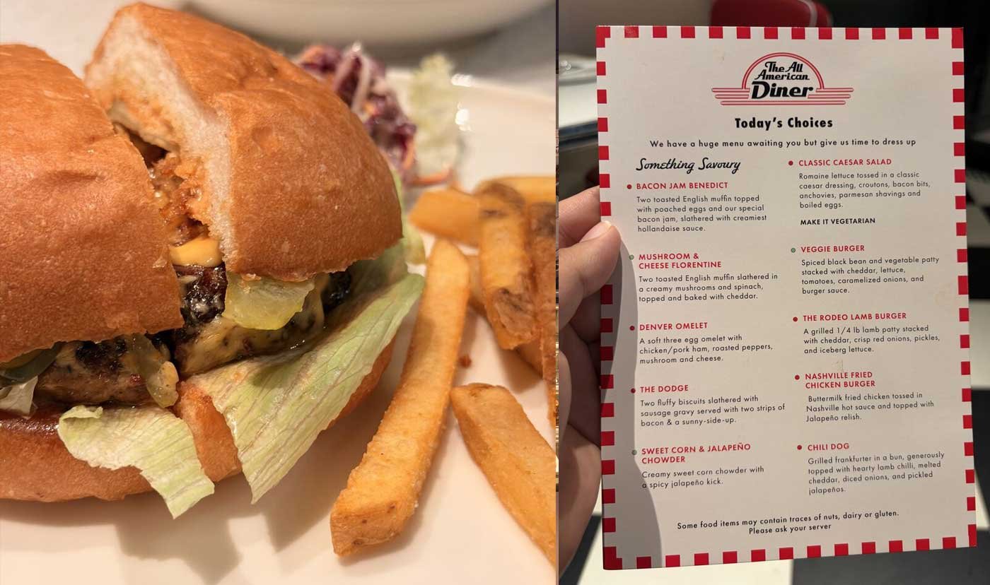 A burger up close, with fries and slaw, and the savoury side of the preview menu card.