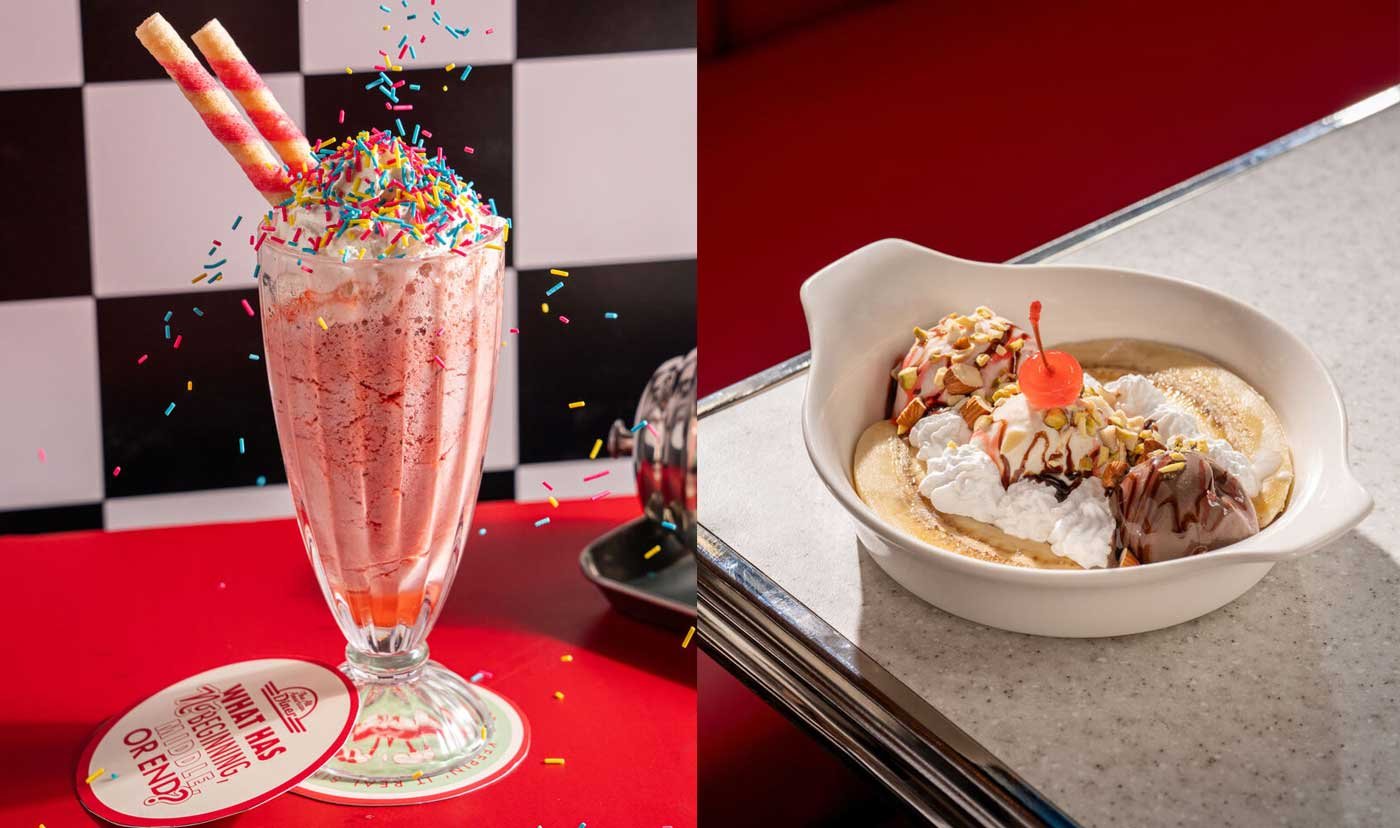 A strawberry cream crazy shake, sprinkles and all, and the classic banana split.