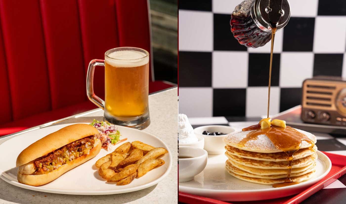 The chili dog with wedges and slaw, and the stack of pancakes with butter and maple syrup.